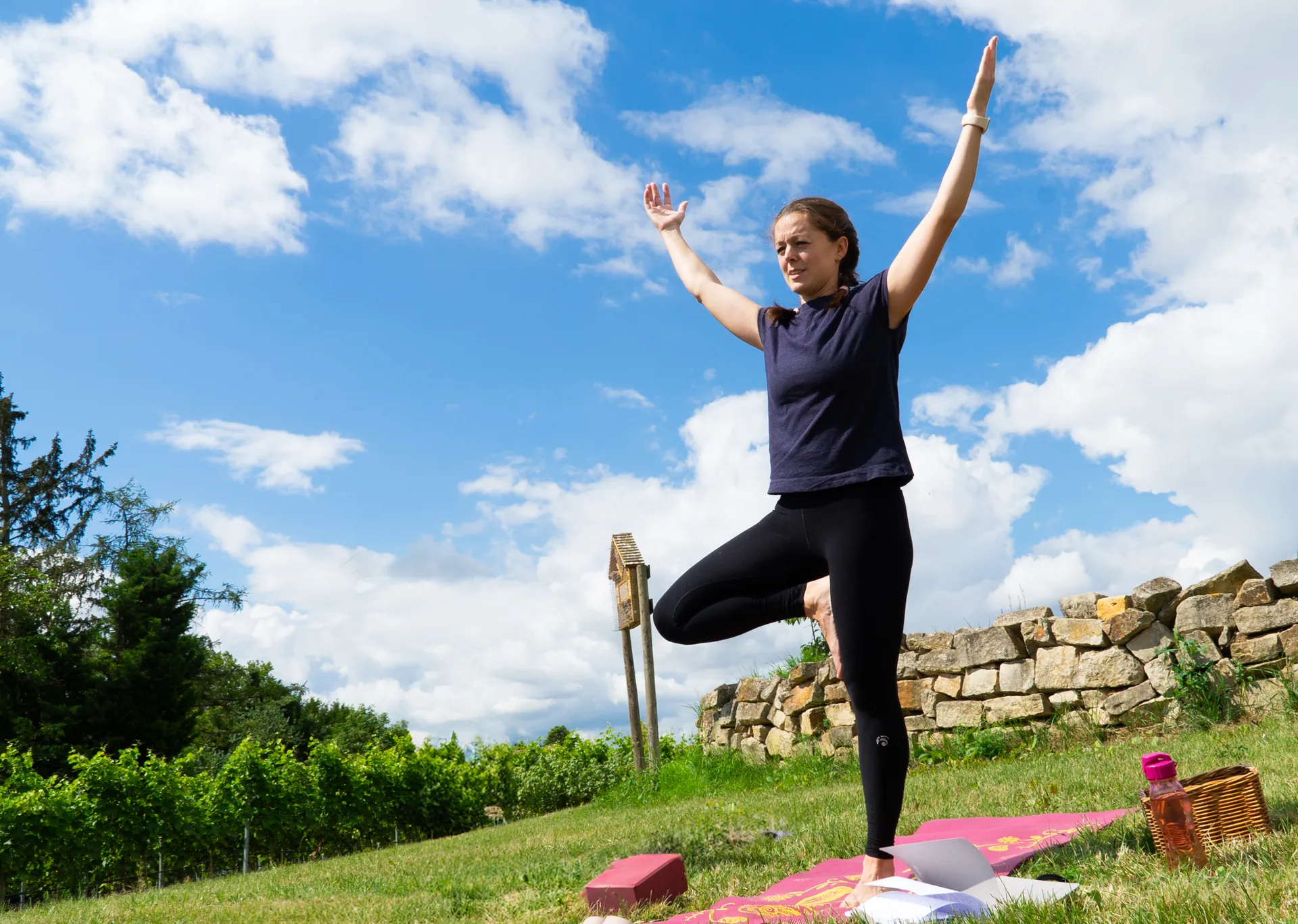 Melanie in Baum-Pose beim Power Yoga Special im Weingut Pfannebecker in Worms-Pfeddersheim